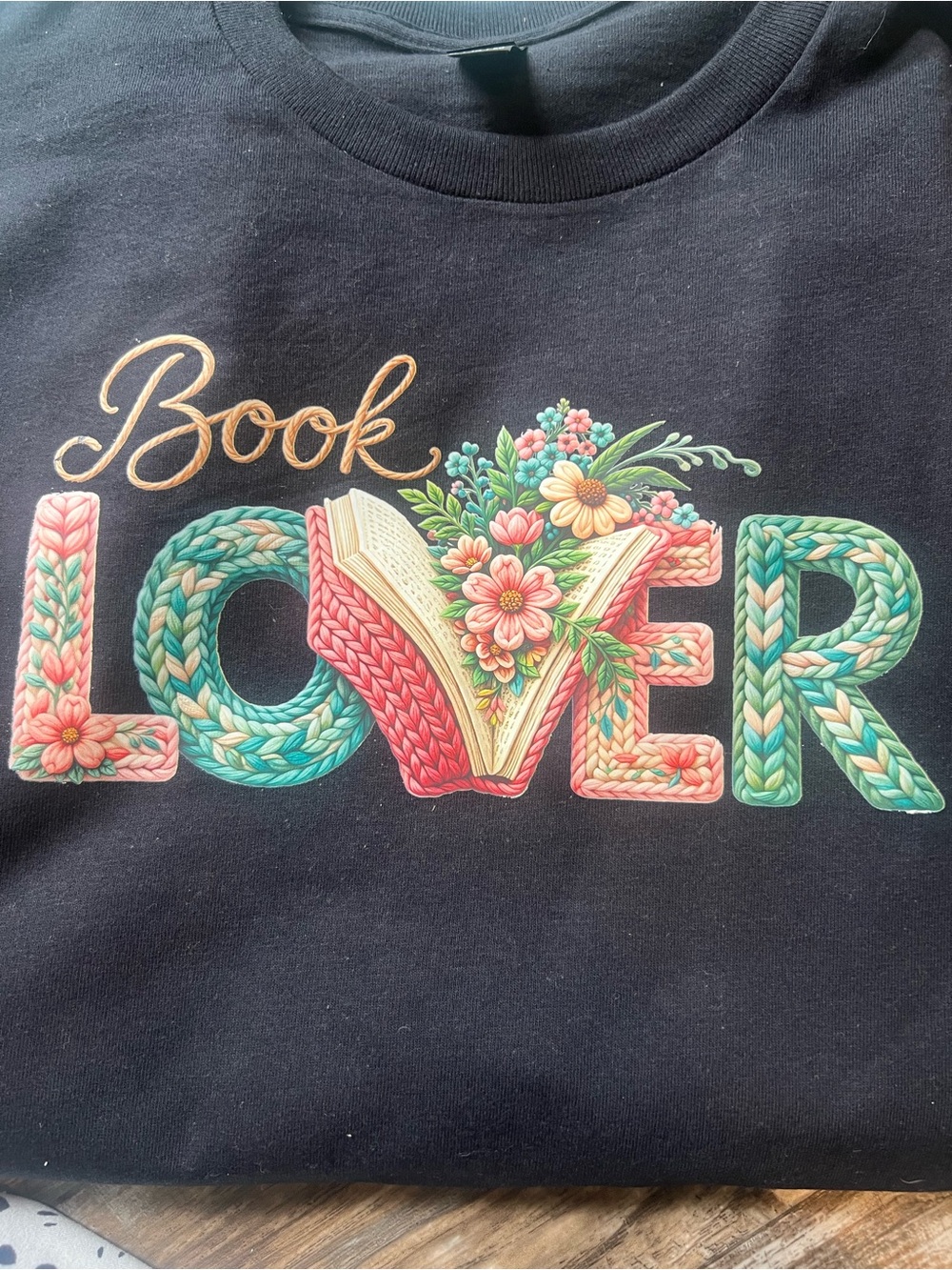 Gildan Black "Book Lover" Graphic Tee with Multicolor Knit-Style Print